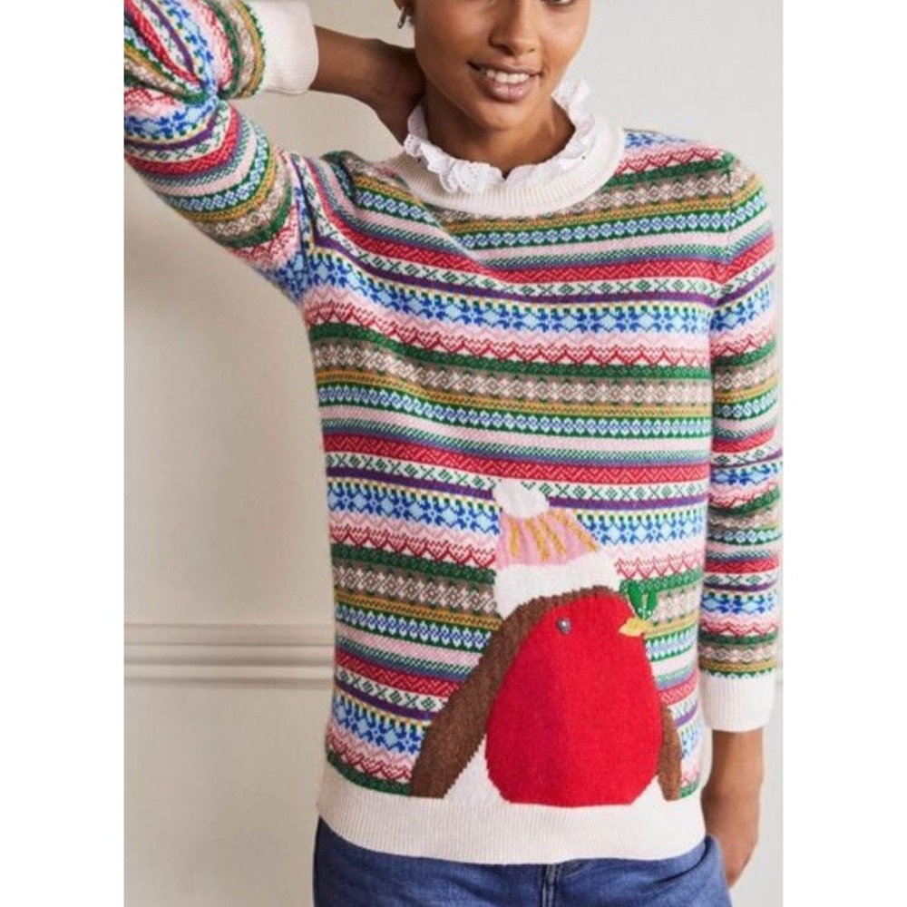 Boden Womens Fair Isle Wool Blend Christmas Robin Sweater Ribbed Trim Sz L